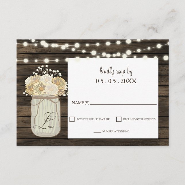 Rustic Country Mason Jar Daisy Barn Wood Wedding RSVP Karte (Vorderseite)