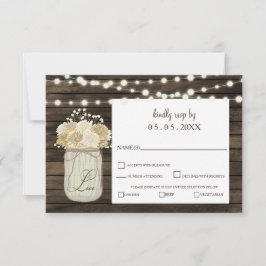 Rustic Country Mason Jar Daisy Barn Wood Wedding RSVP Karte