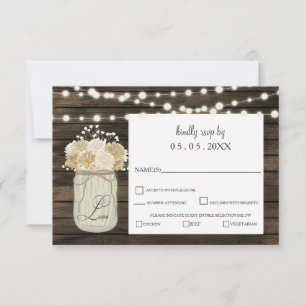 Rustic Country Mason Jar Daisy Barn Wood Wedding RSVP Karte