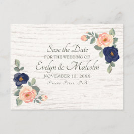 Rustic Country Navy Blue, Peach Floral Wedding STD Ankündigungspostkarte