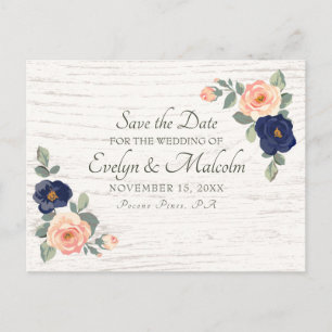 Rustic Country Navy Blue, Peach Floral Wedding STD Ankündigungspostkarte