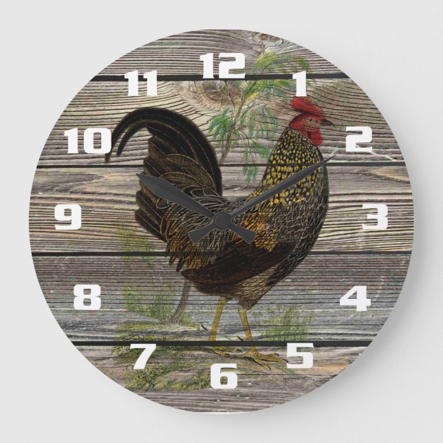 Rustic Country Rooster Küche Große Wanduhr (Vorderseite)