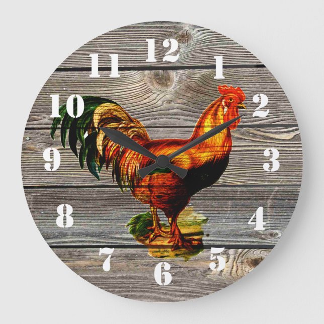 Rustic Country Rooster Küche Große Wanduhr (Vorderseite)