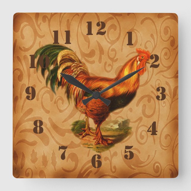 Rustic Country Rooster Ornate Kitchen Große Wanduhr (Vorderseite)