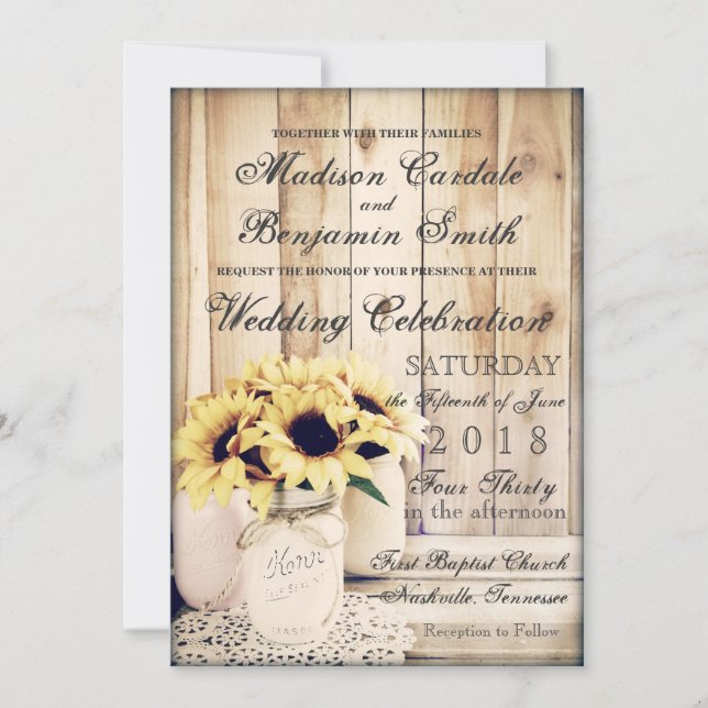 Rustic Country Sunflowers Mason Jar Wedding Einladung (Vorderseite)