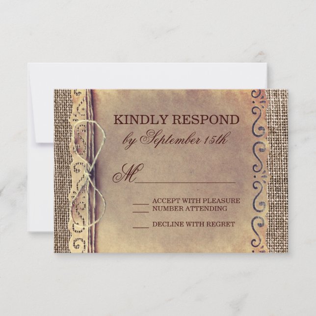 Rustic Country Vintag Paper Burlap Wedding RSVP Karte (Vorderseite)