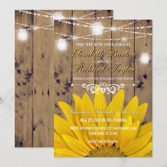 Rustic Country Wedding Mason Jar Lights Sonnenblum Einladung (Vorne/Hinten)