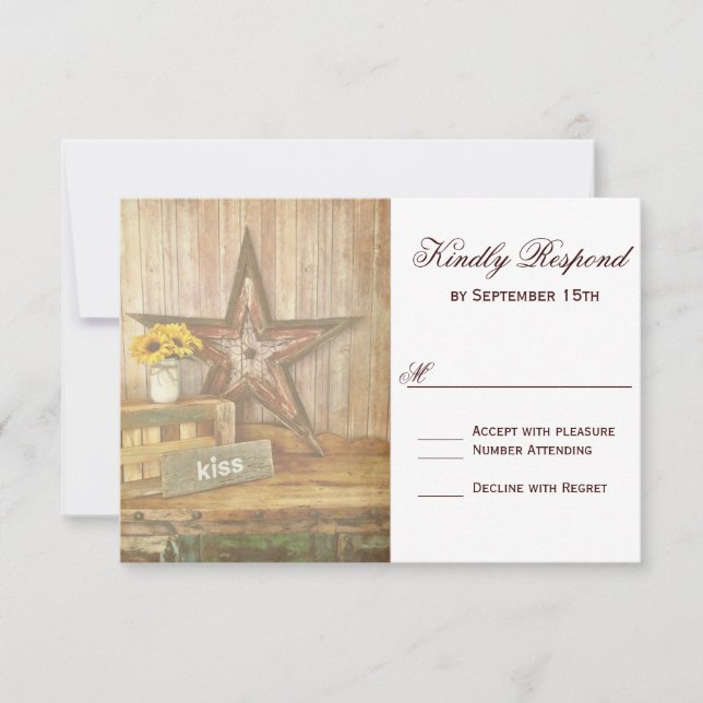 Rustic Country Western Star Kiss Wedding RSVP Card Karte (Vorderseite)
