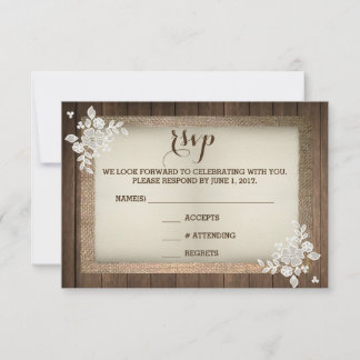 Rustic Country Wood Burlap Lace Wedding RSVP Card Karte