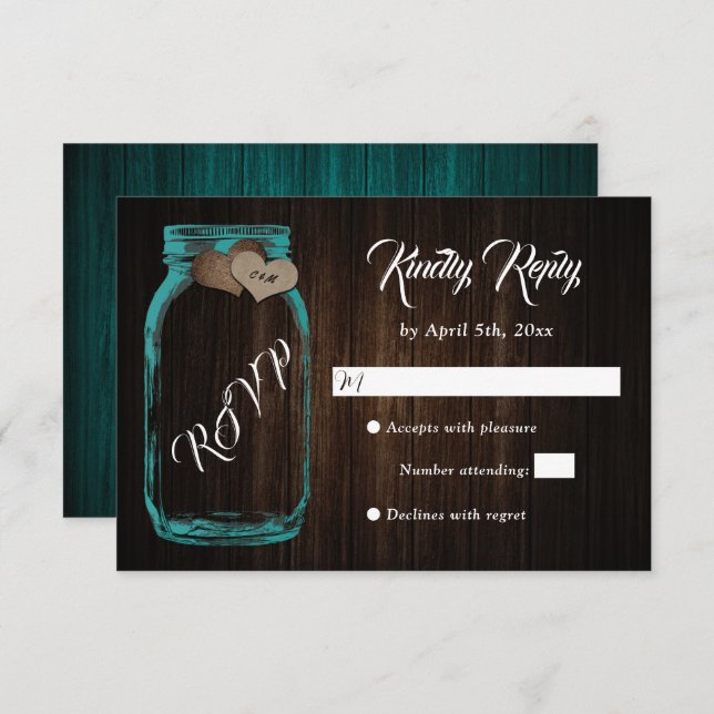 Rustic Country Wood Heart Mason Jar Wedding RSVP (Vorne/Hinten)