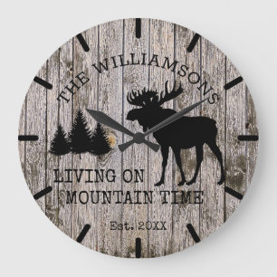 Rustic Country Wood Living on Mountain Time Moose Große Wanduhr