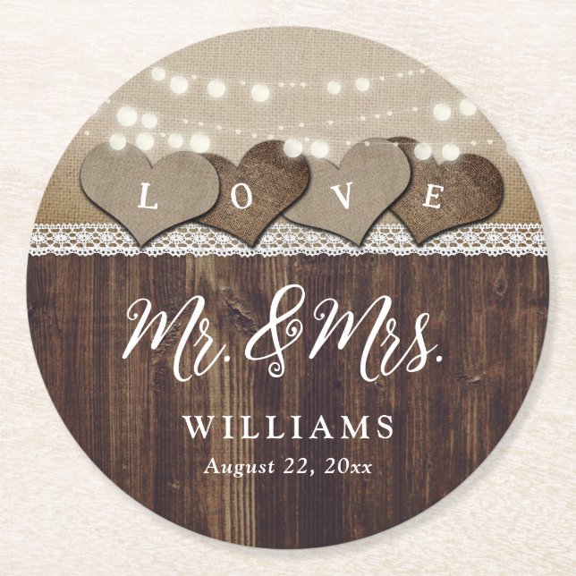 Rustic Country Wood Mr. und Mrs. Wedding Runder Pappuntersetzer (Vorderseite)
