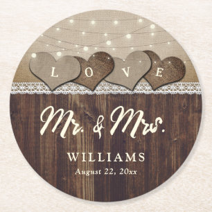Rustic Country Wood Mr. und Mrs. Wedding Runder Pappuntersetzer