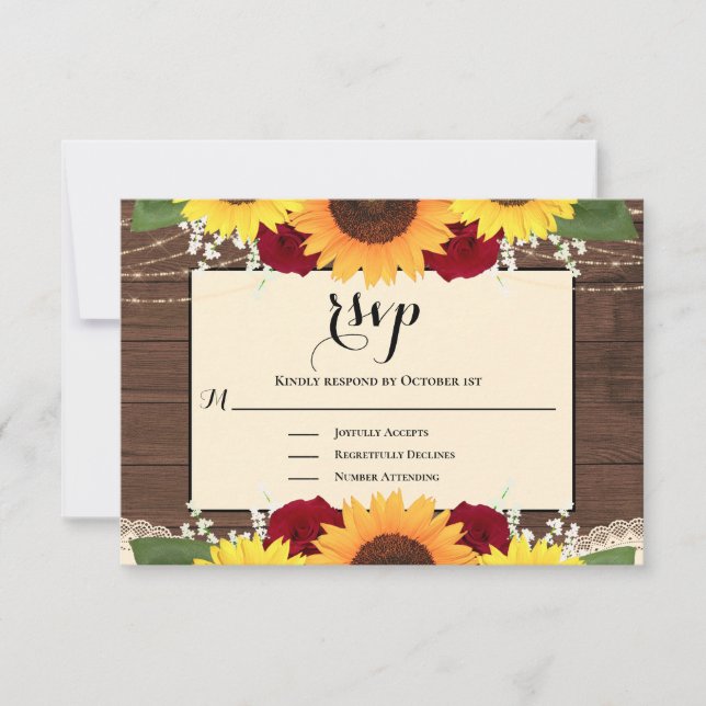 Rustic Country Wood Sunflower Rose Wedding RSVP (Vorderseite)