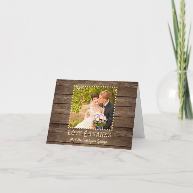 Rustic Country Wood Wedding Foto Vielen Dank Karte (Vorderseite)