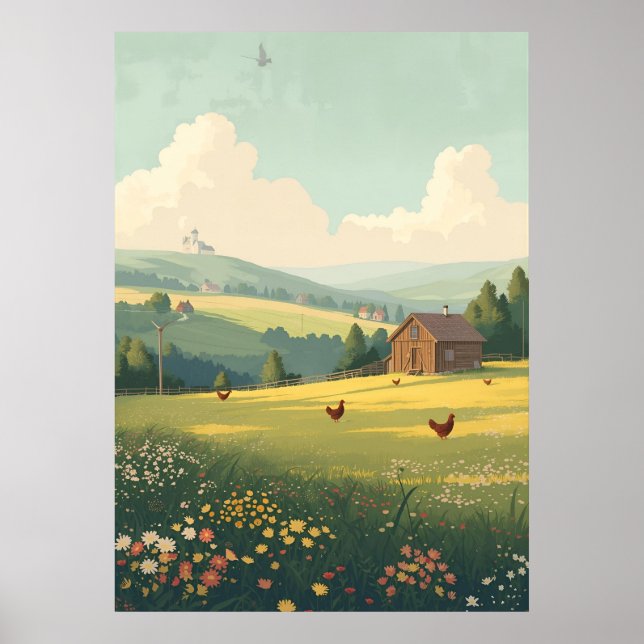 Rustic Countryside Cabin with Wildflowers  Poster (Vorne)