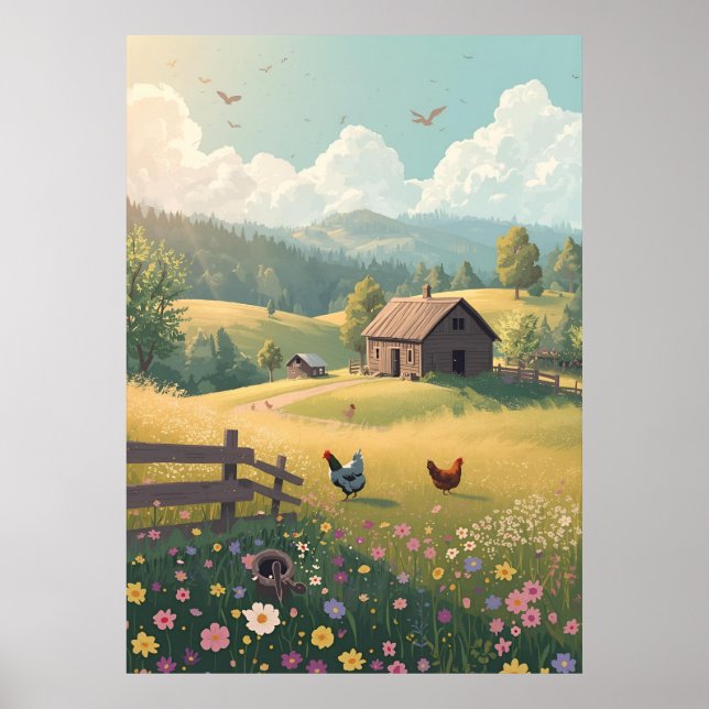 Rustic Countryside Cabin with Wildflowers  Poster (Vorne)