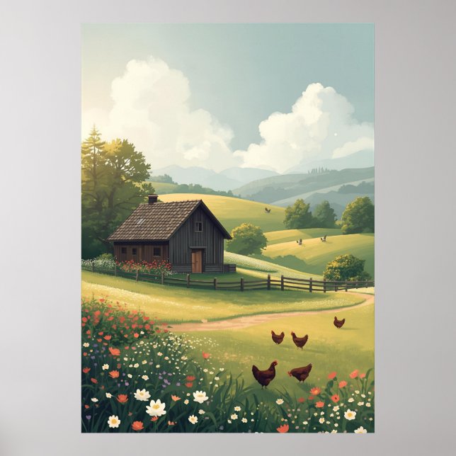 Rustic Countryside Cabin with Wildflowers  Poster (Vorne)