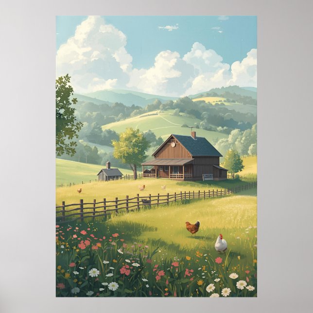 Rustic Countryside Cabin with Wildflowers  Poster (Vorne)