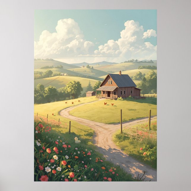 Rustic Countryside Cabin with Wildflowers  Poster (Vorne)