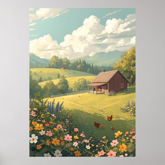 Rustic Countryside Cabin with Wildflowers  Poster (Vorne)