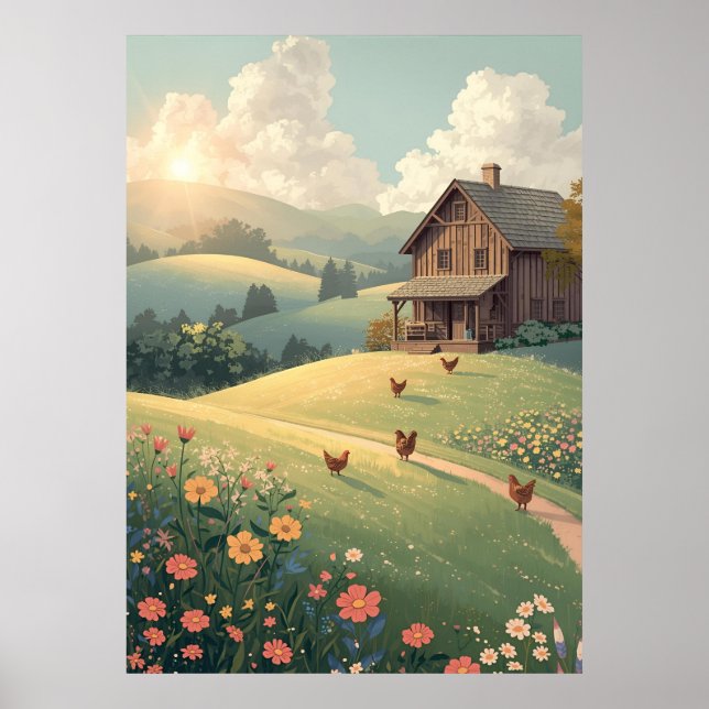 Rustic Countryside Cabin with Wildflowers  Poster (Vorne)
