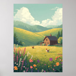 Rustic Countryside Cabin with Wildflowers Poster