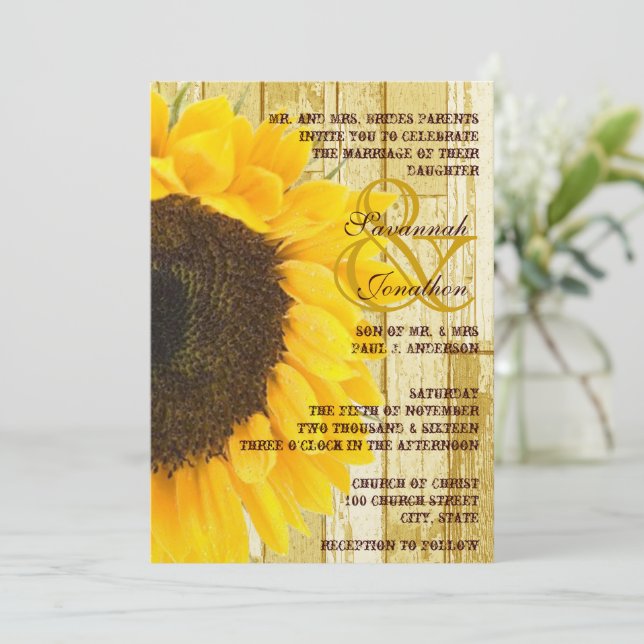 Rustic Coutry Chic Barn Wood Sunflower Wedding Einladung (Stehend Vorderseite)
