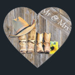 Rustic Cowboy and Cowgirl Wedding Mr. and Mrs. Herz-Aufkleber<br><div class="desc">Rustikales Land und Western,  "Mr. and Mrs." Cowboy und Cowgirl Stiefel und Hut mit Sonnenblumen Hochzeitskleber.</div>