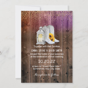 Rustic Cowboy Boots Lantern Gold Confetti Wedding Einladung