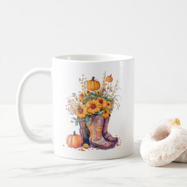 Rustic Cowboy Boots Sonnenblume Pumpkin Kaffeetasse (Mit Donut)