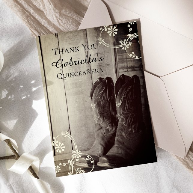 Rustic Cowboy Boots Western Quinceañera Vielen Dan Dankeskarte (Von Creator hochgeladen)