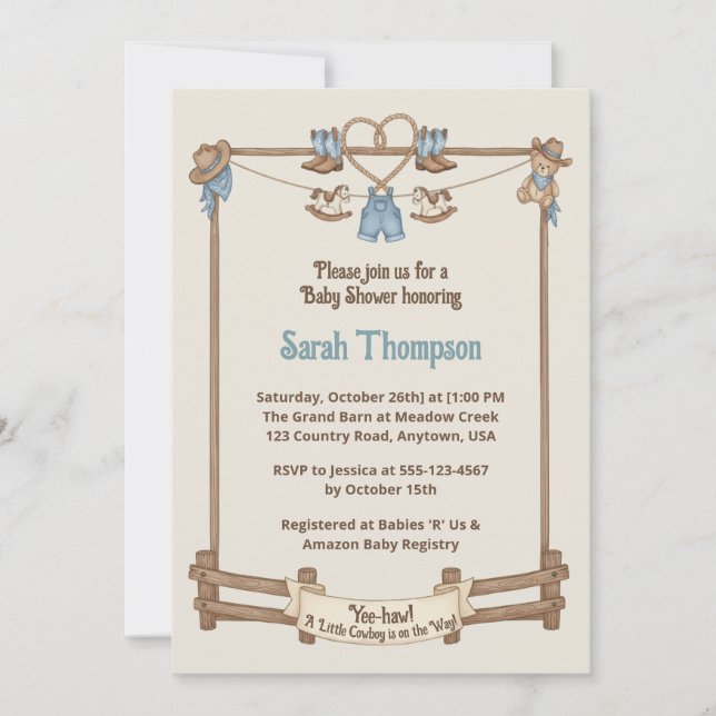 Rustic Cowboy Clothesline Boy Baby Dusche Einladung (Vorderseite)