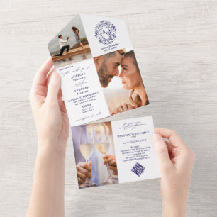 Rustic Crest Monogramm 3 Foto QR-Code Blaue Hochze All In One Einladung