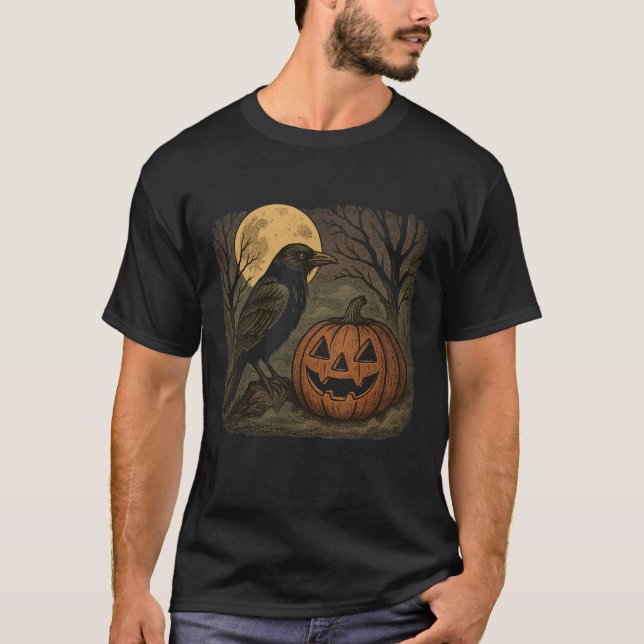 Rustic Crow and Pumpkin Halloween Art: Spooky Full T-Shirt (Vorderseite)