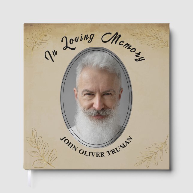 Rustic Custom Text Photo Memorial Funeral Leaves Gästebuch (Vorderseite)