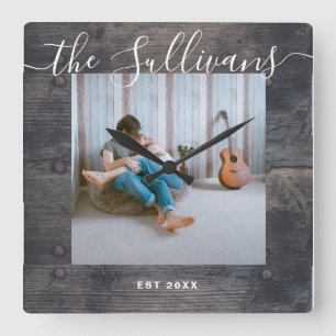 Rustic Custom Your Photo Wooden Script Wall Clock Quadratische Wanduhr