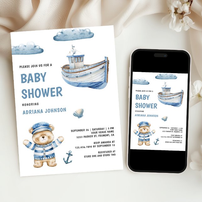 Rustic Cute Teddy Bear Nautical Boat Baby Shower Einladung (Von Creator hochgeladen)