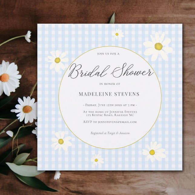 Rustic Daisies Baby Blue Gingham Brautparty Einladung (rustic daisies blue gingham bridal shower invitation backyard boho elegant garden modern simple)