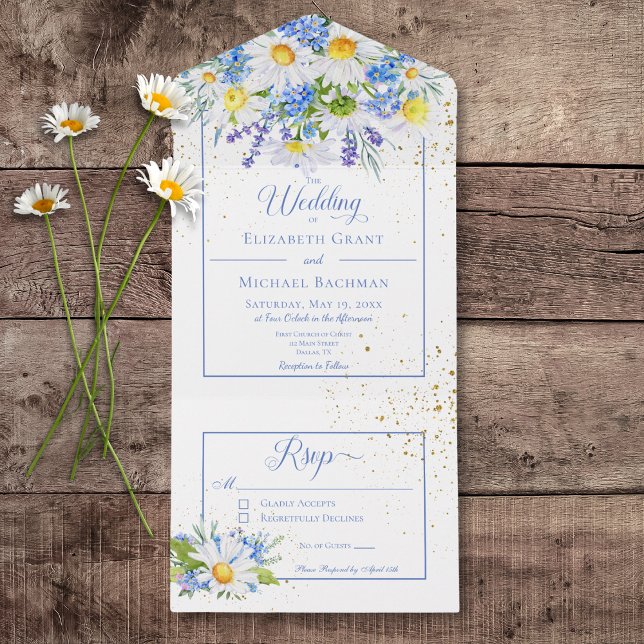 Rustic Daisies & Blue Floral Bouquet Kein Abendess All In One Einladung (Rustic Daisies & Blue Floral Bouquet All In One Wedding Invitation without Dinner Options)
