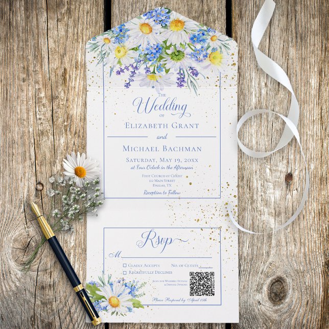 Rustic Daisies & Blue Floral Bouquet QR Code All In One Einladung (Von Creator hochgeladen)