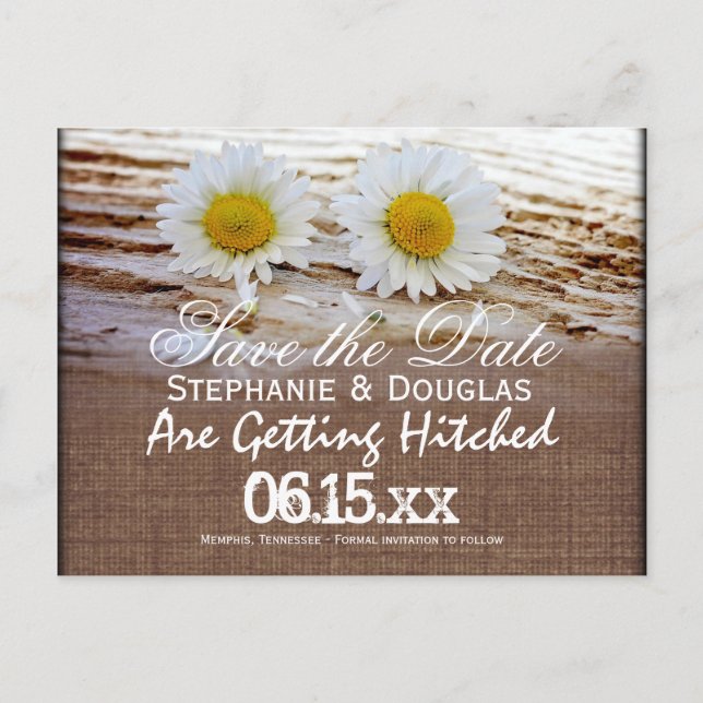 Rustic Daisies Burlap Save the Date Postkarten (Vorderseite)