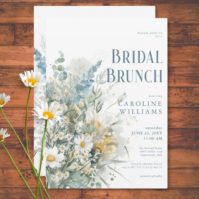 Rustic Daisies & Dusty Blue Floral Bridal Brunch Einladung (Rustic Daisies & Dusty Blue Floral Bridal Brunch Invitation)