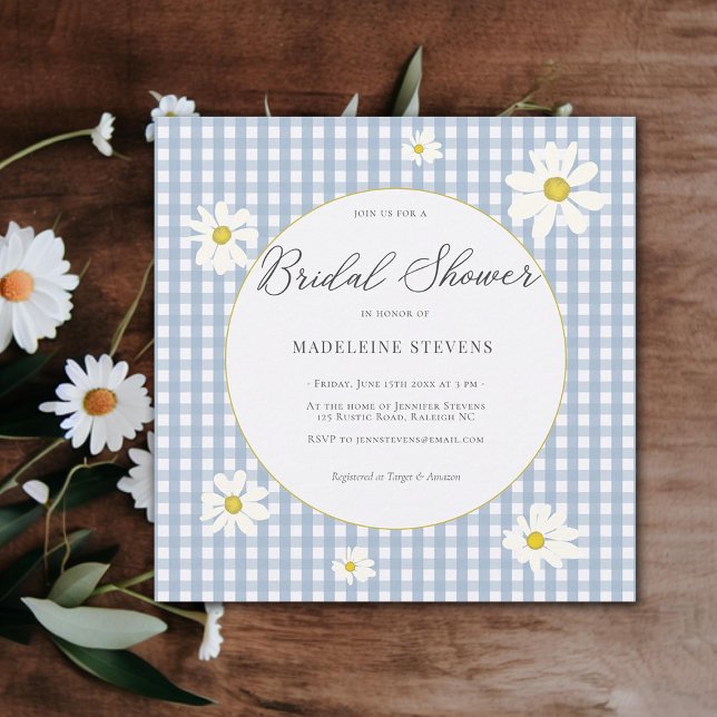 Rustic Daisies Dusty Blue Gingham Brautparty Einladung (rustic daisies dusty blue gingham bridal shower invitation modern elegant classy simple backyard)