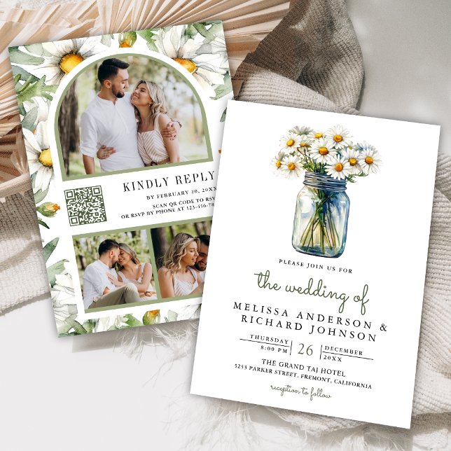 Rustic Daisies Floral Mason Jar QR Code Wedding Einladung (Von Creator hochgeladen)