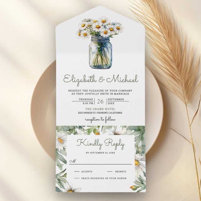 Rustic Daisies Floral Mason Jar Wedding All In One Einladung (Von Creator hochgeladen)