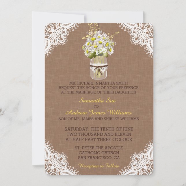 Rustic Daisies Mason Jar Lace Einladung Hochzeit (Vorderseite)
