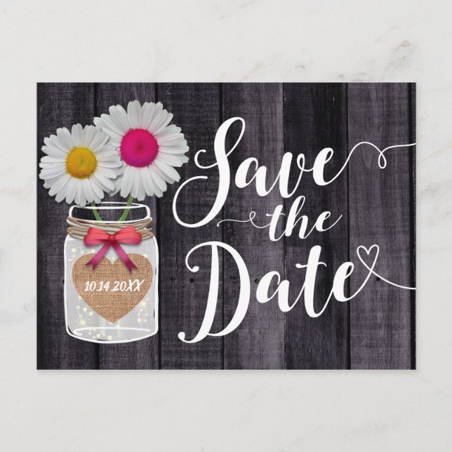 Rustic Daisy Blume Mason Jar Save the Date Ankündigungspostkarte (Vorderseite)