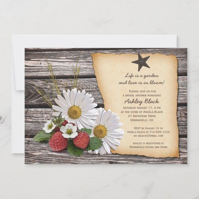 Rustic Daisy Strawberry Bridal Dusche Einladung (Vorderseite)