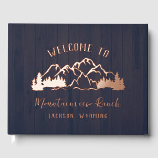 Rustic Dark Blue Wood Mountain Landscape Gästebuch